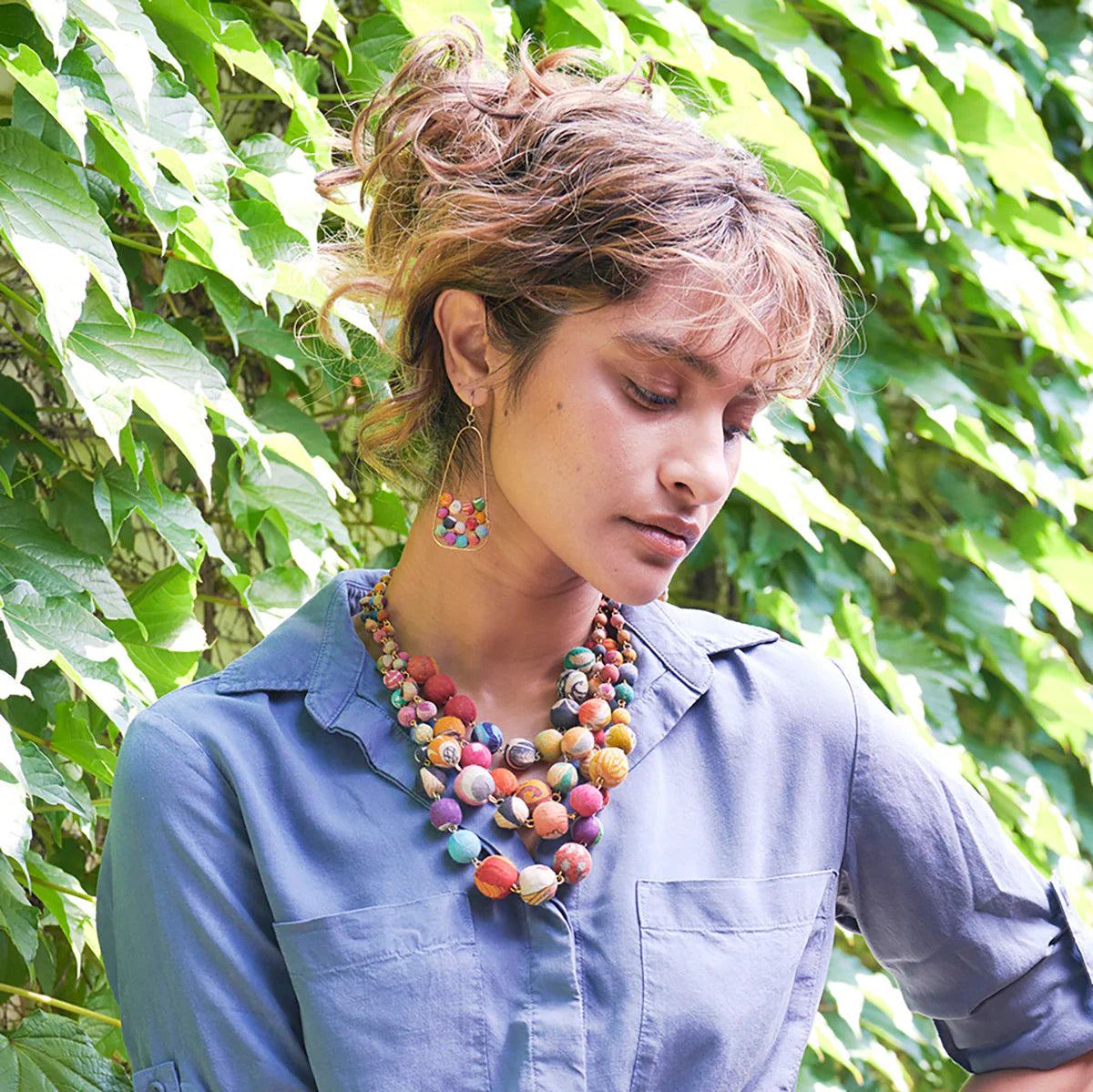 Elongated Kantha Bead Brass Earrings - ER-1170 - Uneeka