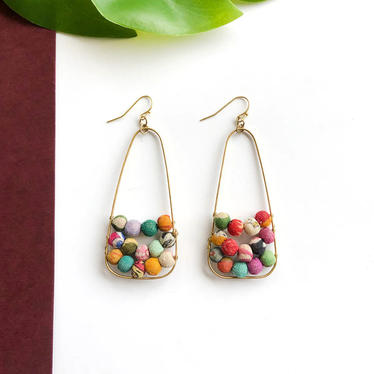Elongated Kantha Bead Brass Earrings - ER-1170 - Uneeka