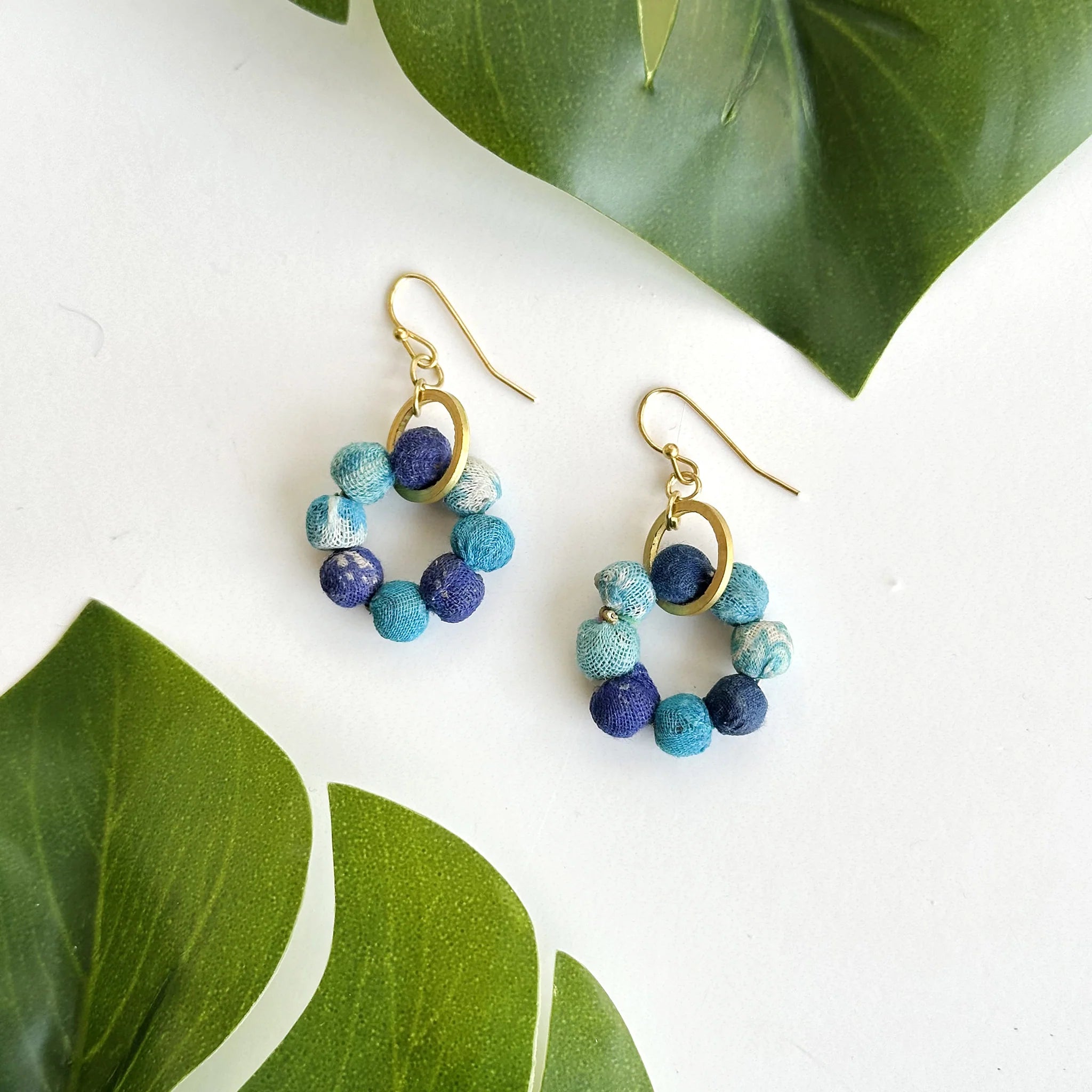 Blue Kantha Bead Orbital Brass Earrings - ER-1230 - Uneeka