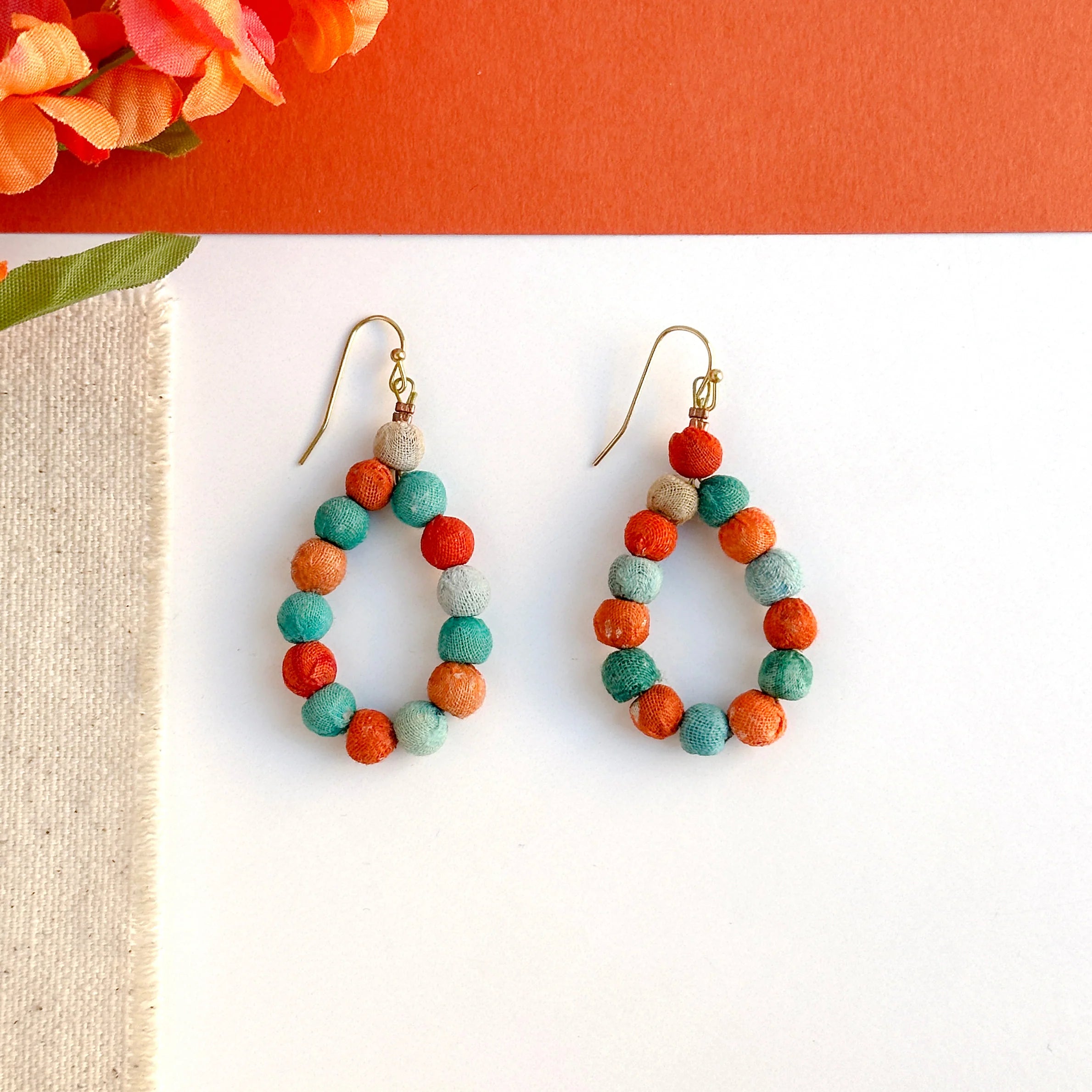 Kantha Bead Teardrop Brass Earrings - ER-1259 - Uneeka