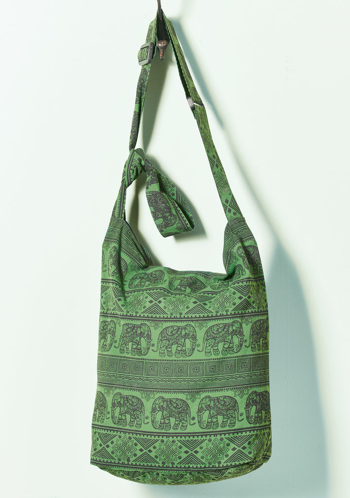 Elephant Pattern Cotton Shoulder Bag Green