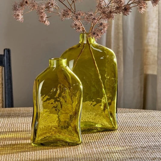 Ellam Recycled Olive Glass Bottle Vase small and large nkuku