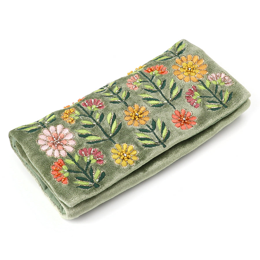Embroidered Floral Green Velvet Jewellery Roll - 81813 - Uneeka