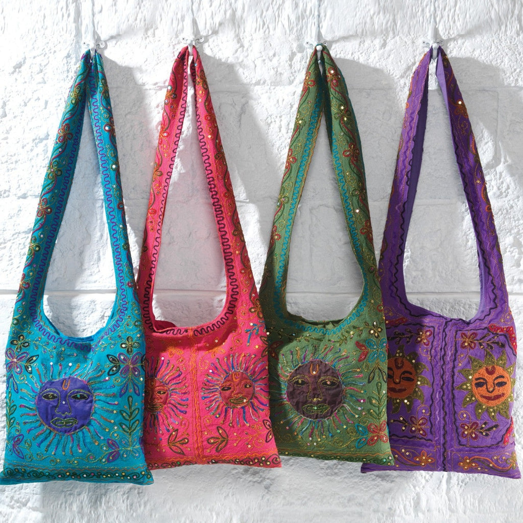 Embroidered Indian Hippy Sun Shoulder Bag Purple Green Pink Blue