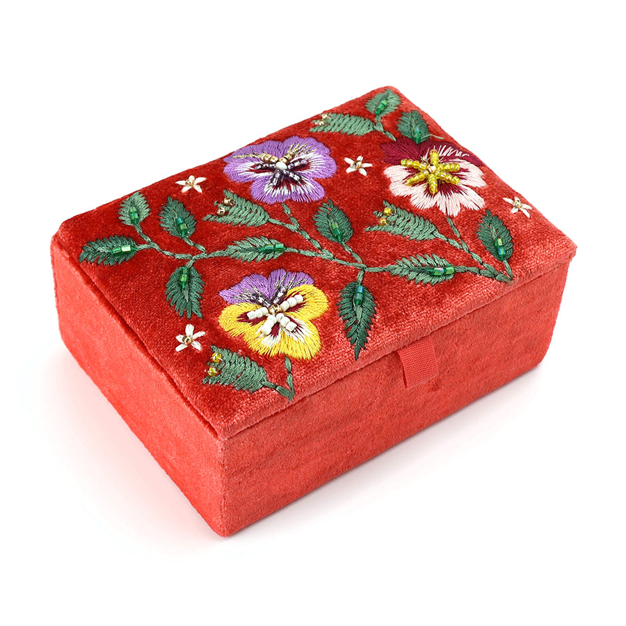 Embroidered Pansies Rectangular Velvet Jewellery Box - 81824 - Uneeka
