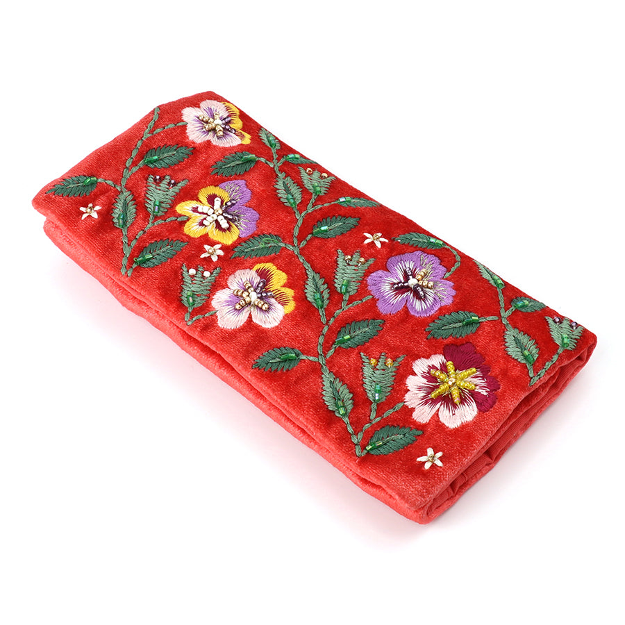 Embroidered Pansies Velvet Jewellery Roll - 81828 - Uneeka