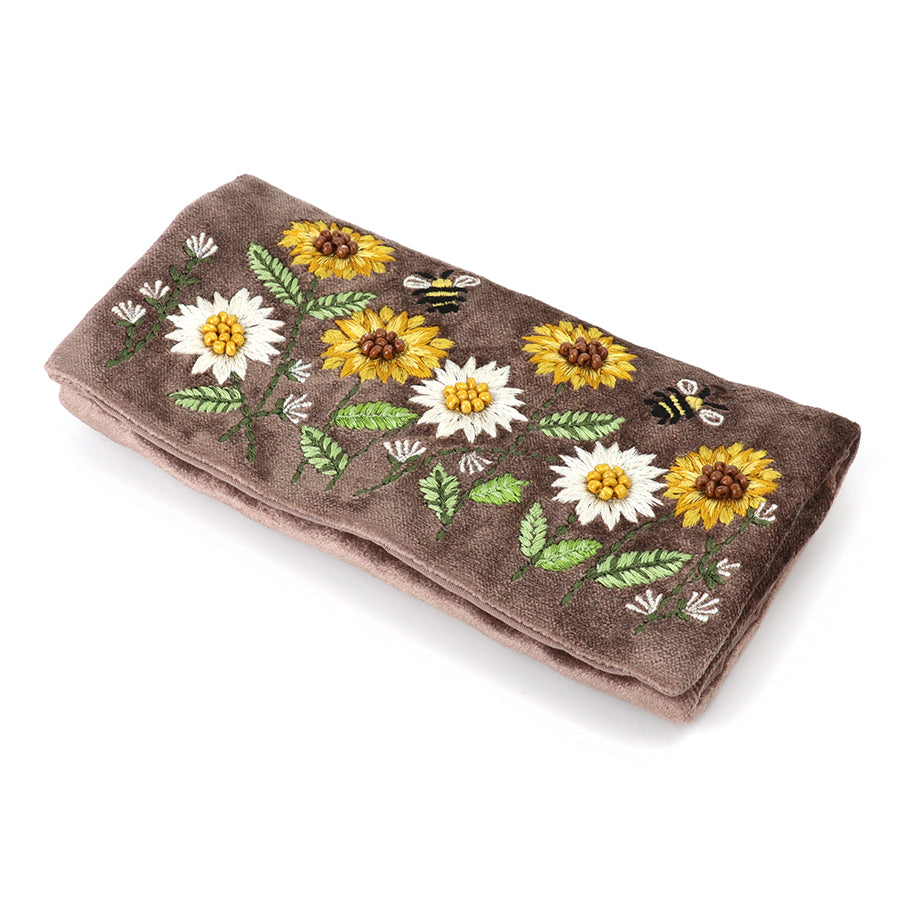 Embroidered Sunflower Brown Velvet Jewellery Roll - 81818 - Uneeka