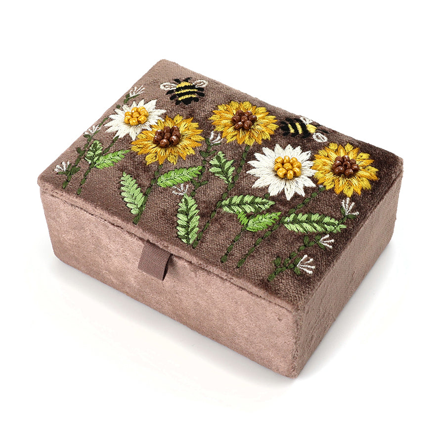 Embroidered Sunflower Rectangular Velvet Jewellery Box - 81821 - Uneeka
