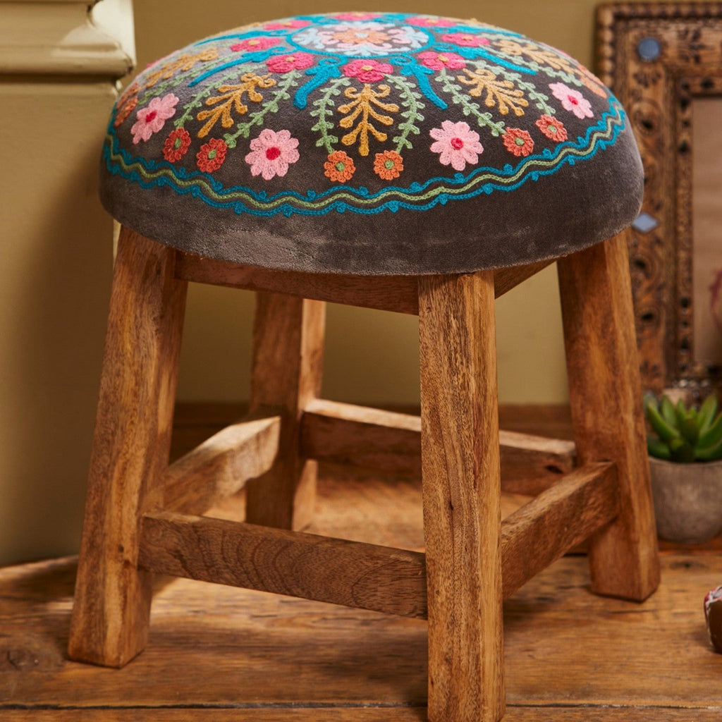 Embroidered Velvet Topped Stool with Wooden Legs