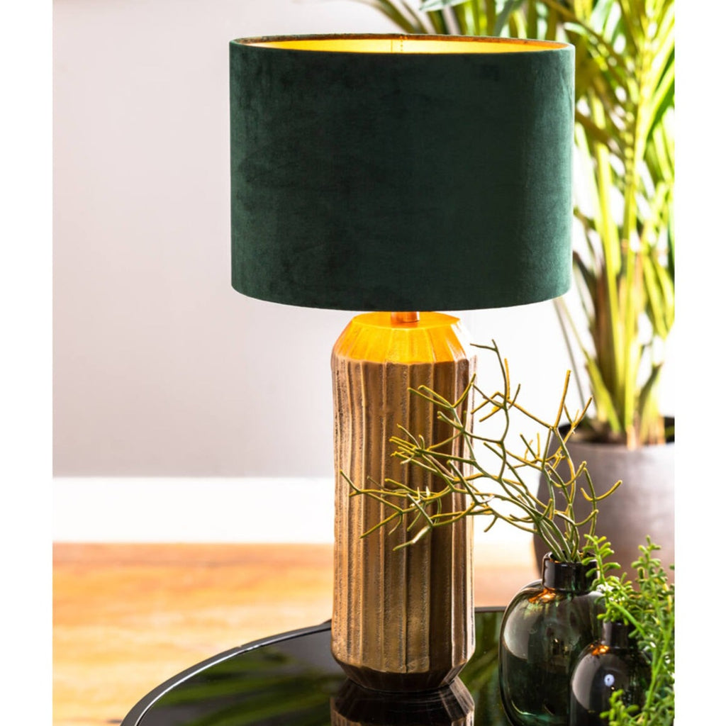 Emerald Green Velvet Lampshade displayed on gold lamp base