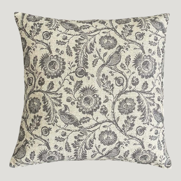 Faded Pheasants & Blooms Cushion - Grey - Uneeka