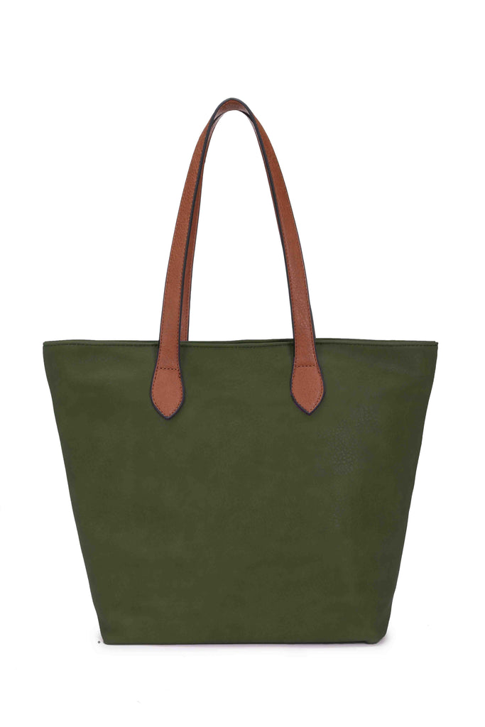 Faux Leather Hand Bag with Contrasting Handle and Zip Dark Green