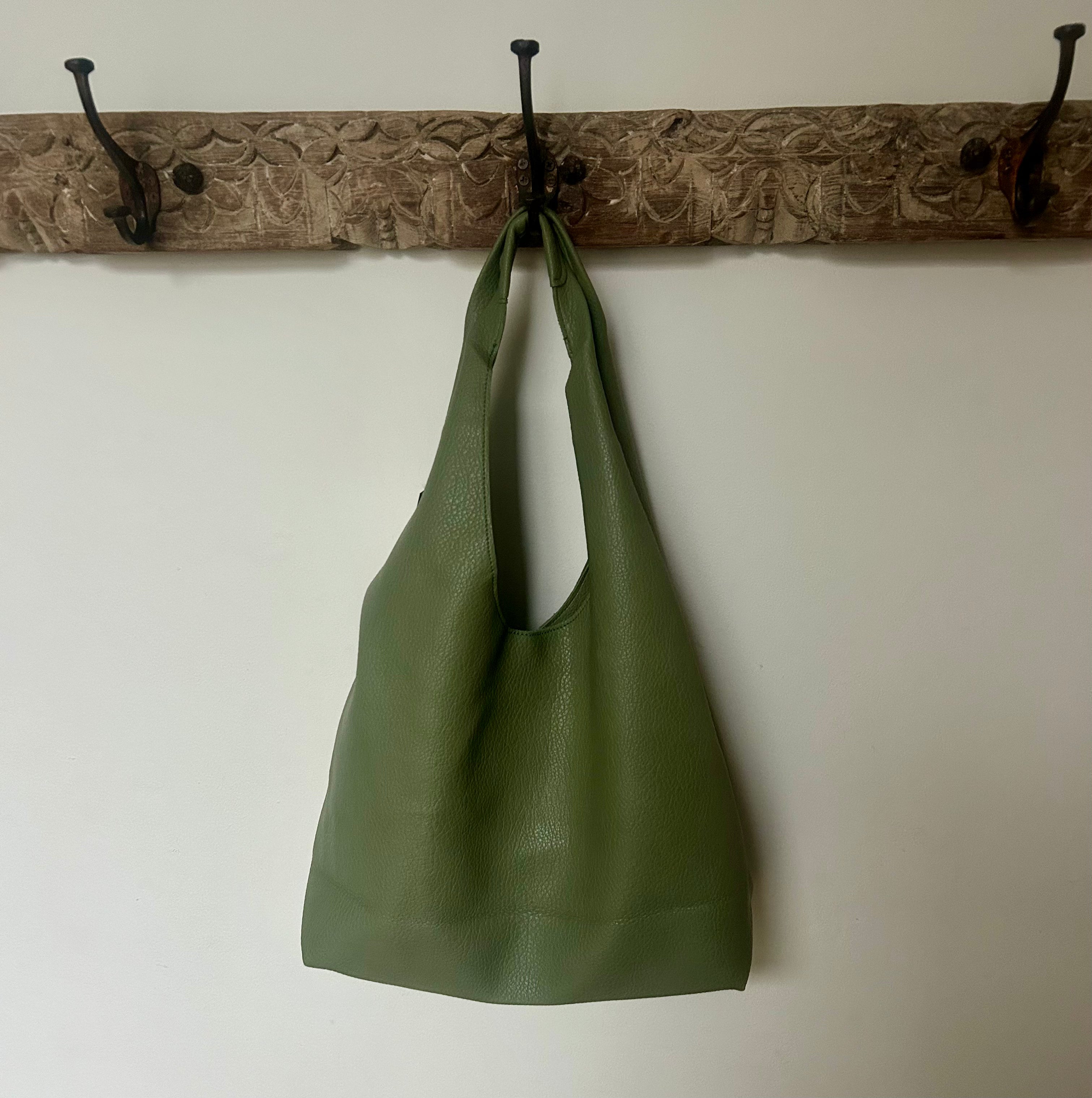 Faux Leather Slouch Strap Handbag - Sage Green - Uneeka