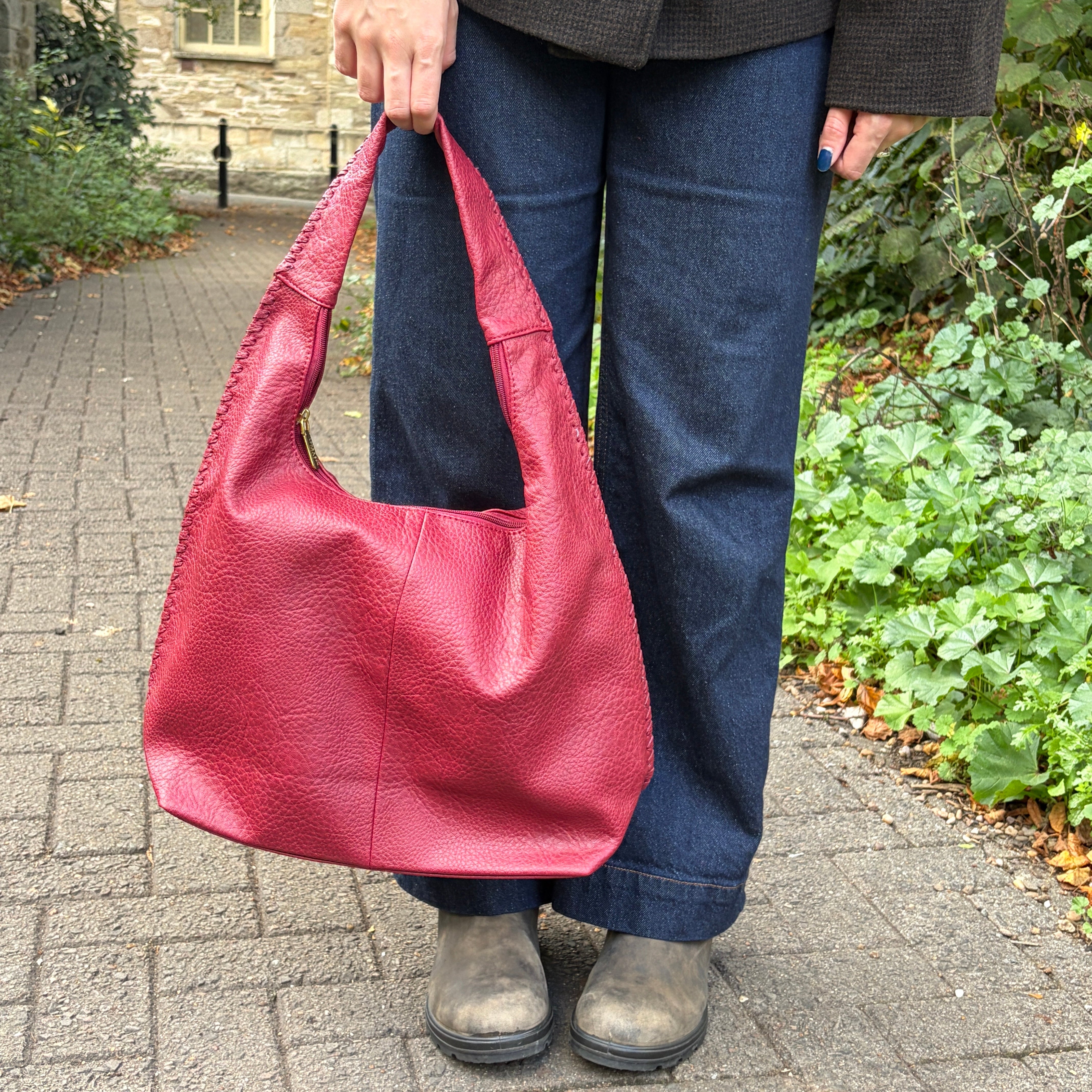 Faux Leather Woven Stitched Slouch Handbag - Dark Red - Uneeka