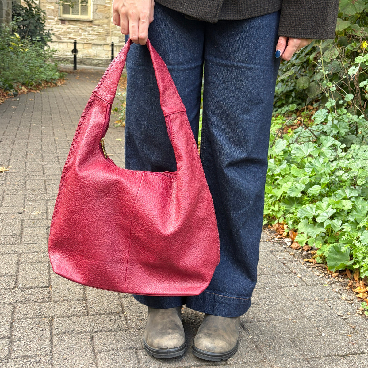 Faux Leather Woven Stitched Slouch Handbag - Dark Red - Uneeka