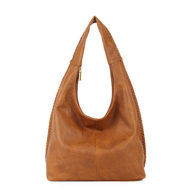 Faux Leather Woven Stitched Slouch Handbag Brown - Uneeka