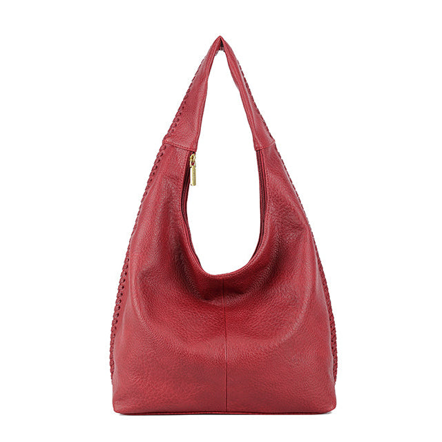 Faux Leather Woven Stitched Slouch Handbag Dark Red - Uneeka
