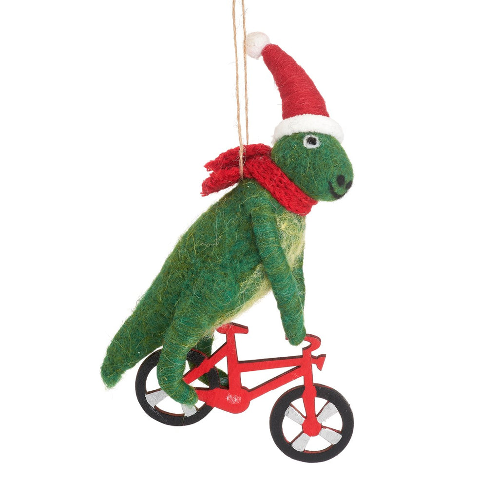 Festive Felt T-Rex On A red Bicycle Christmas Decoration