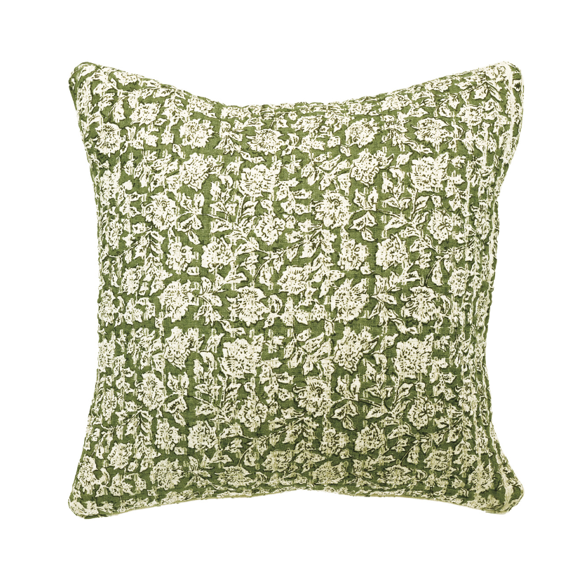 Floral Print Quilted Cushion - Olive - Uneeka
