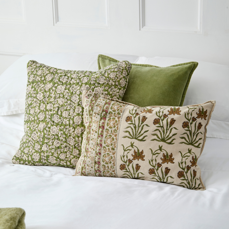Floral Print Quilted Cushion - Olive - Uneeka