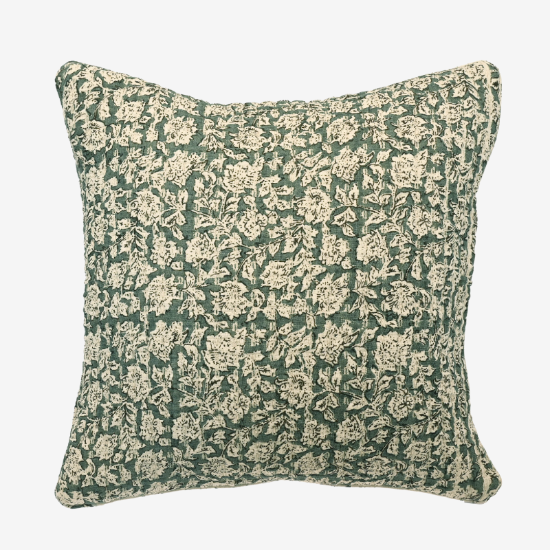Floral Print Quilted Cushion - Sage - Uneeka