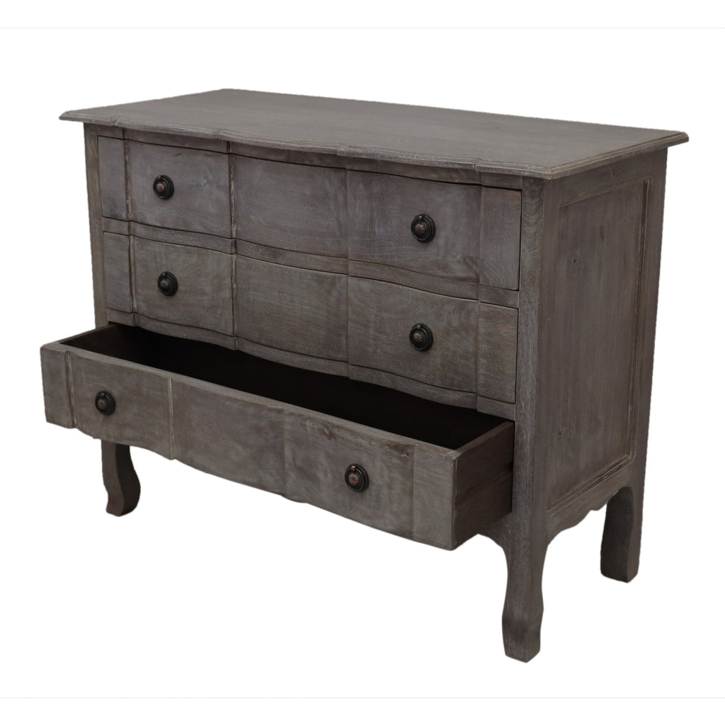 French Style Light Chest of 3 Drawers front angled view open third drawer
