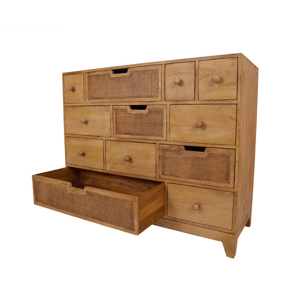 French Style Natural Rattan Chest of Drawers angled view, various size 12 drawer unit 