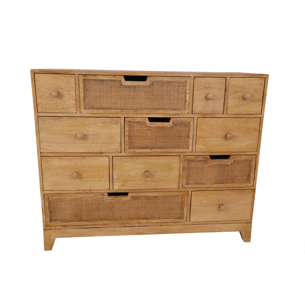 French Style Natural Rattan Chest of Drawers front view, various size 12 drawer unit 