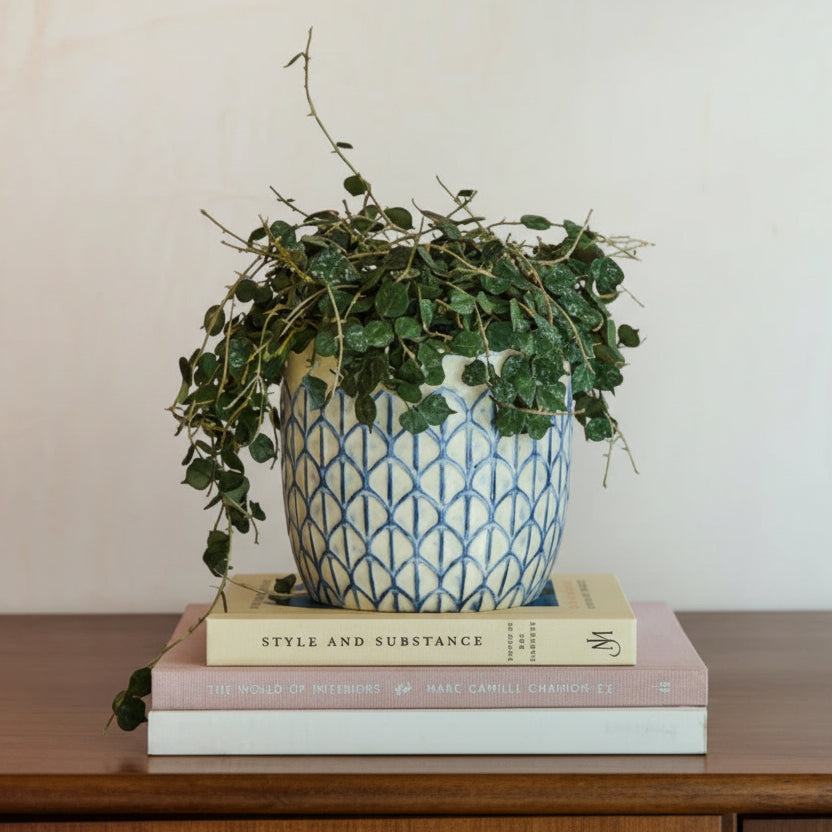 Blue & Cream Geometric Plant Pots - GCC/GEOCRM13 - Uneeka