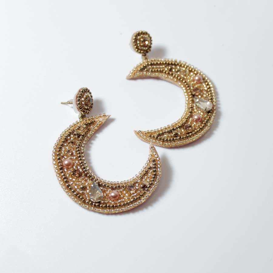 Gold Beaded Moon Drop Earrings
