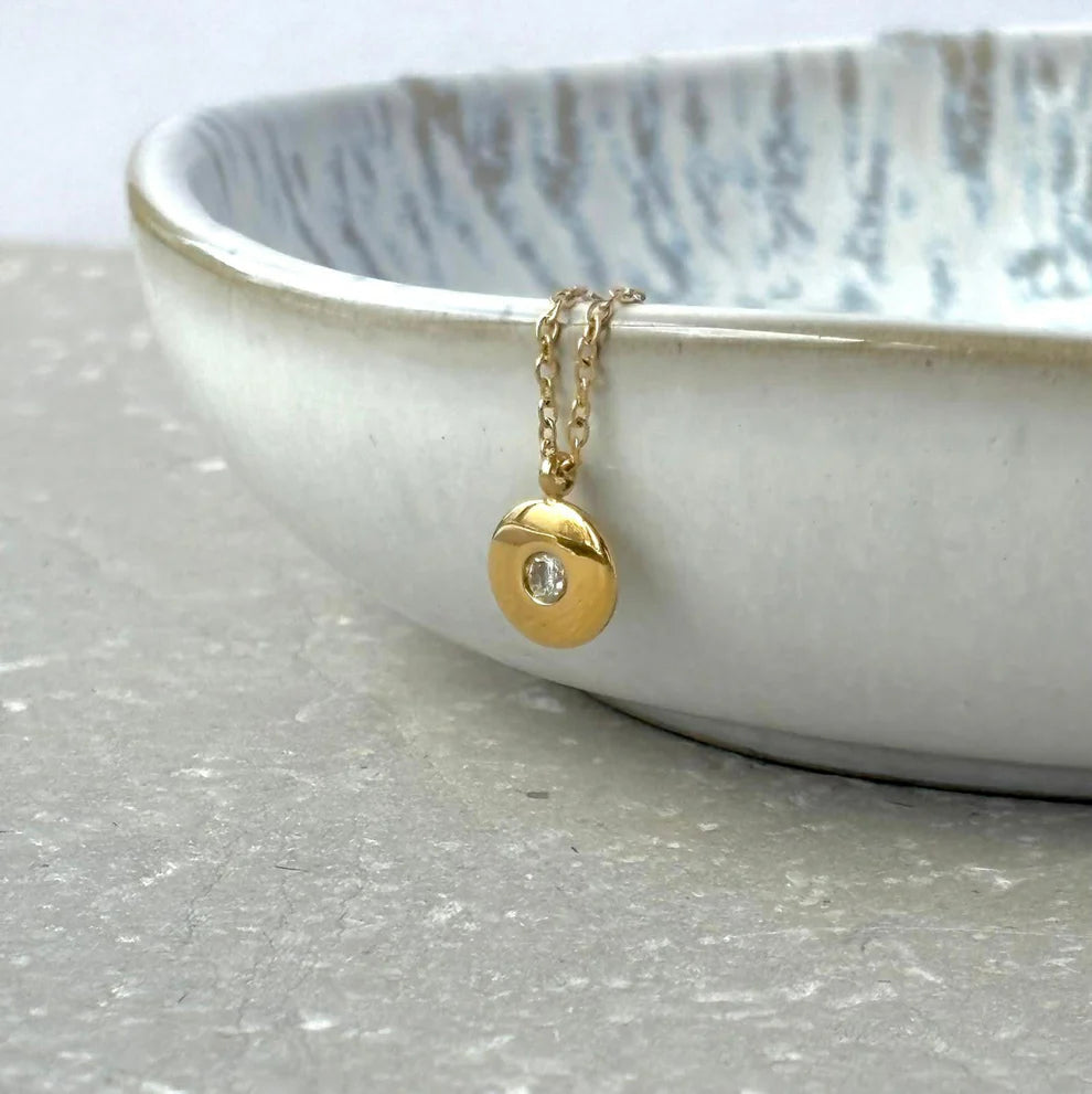 Gold Disc Pendant Necklace With Zirconia Crystal - NCK063-W - Uneeka