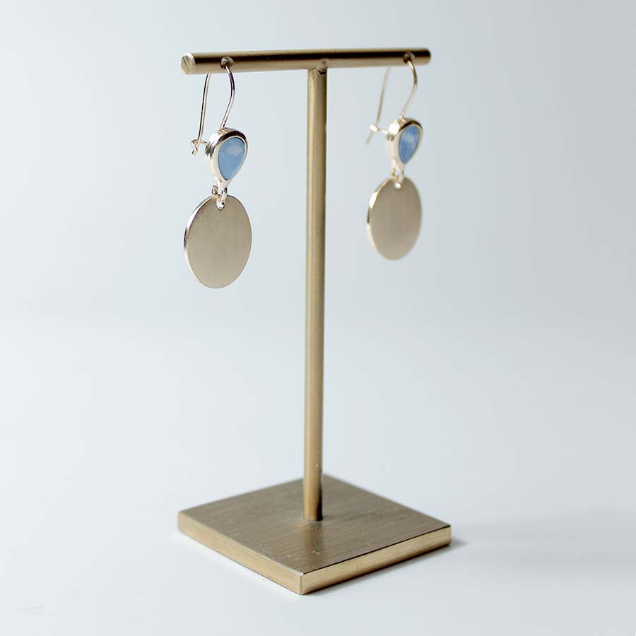 Gold Drop Shape Glass & Brushed Metal Circle Earrings - Blue