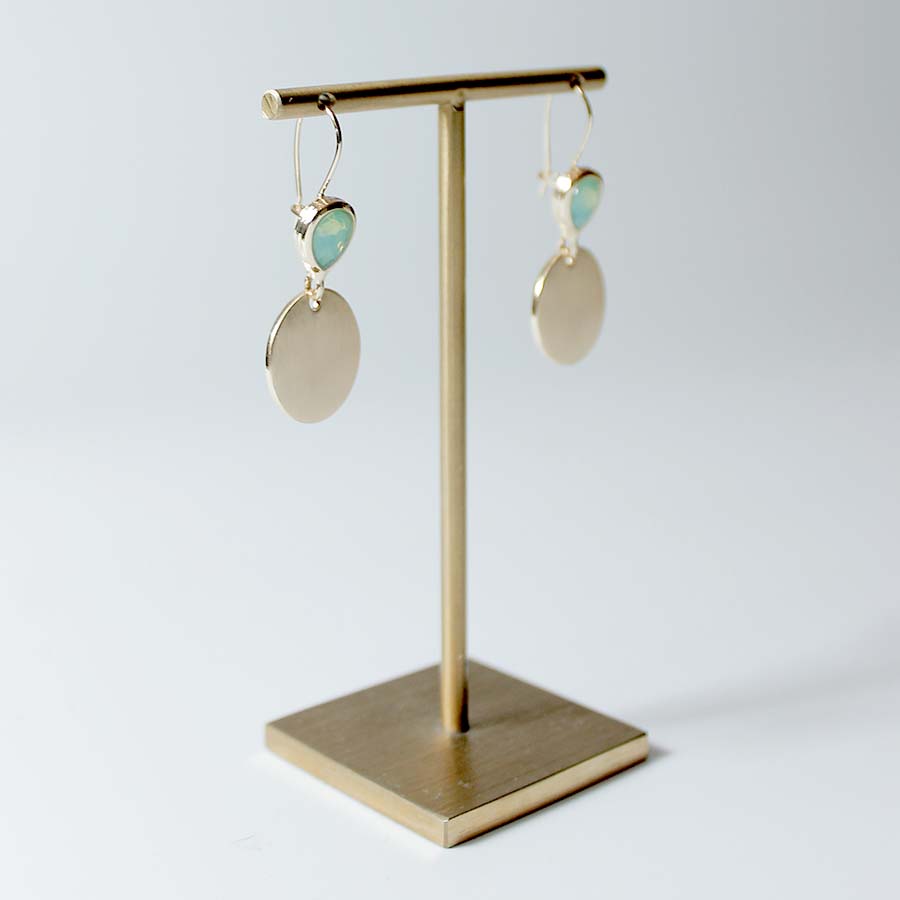 Gold Drop Shape Glass & Brushed Metal Circle Earrings - Green