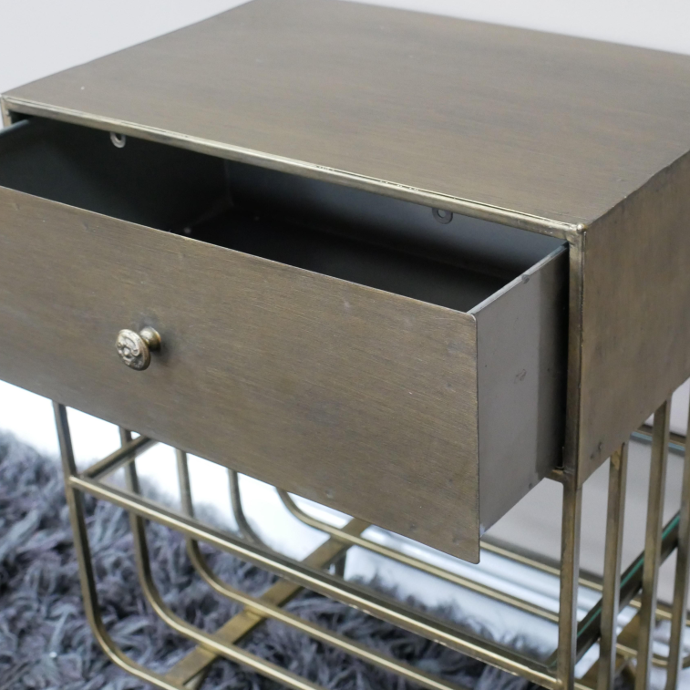 Golden Metal Bedside Cabinet angled view open drawer