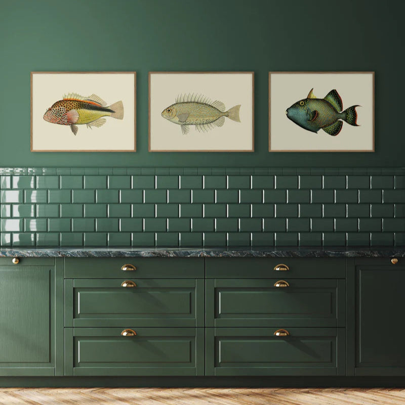 Golden & Blue Fish Framed Art Print - Oak Frame Lifestyle - Uneeka