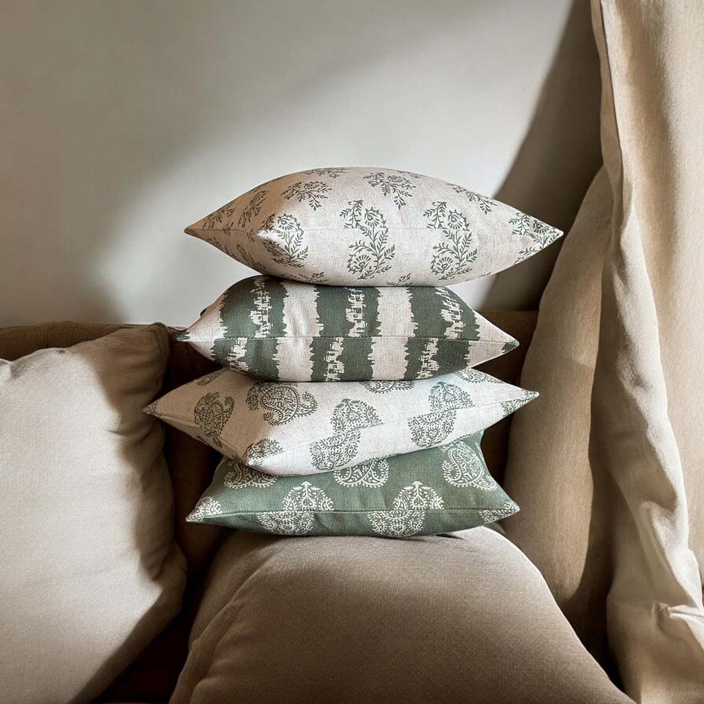 Green Brushed Stripe Print Cushion - Ikat Stripe, moss Cushion - Uneeka