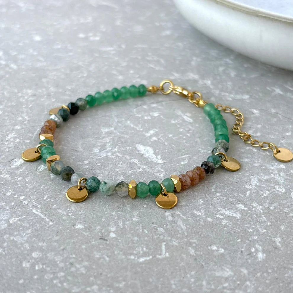 Green Rough Cut Bead Bracelet With Gold Charms - BR032 - Uneeka