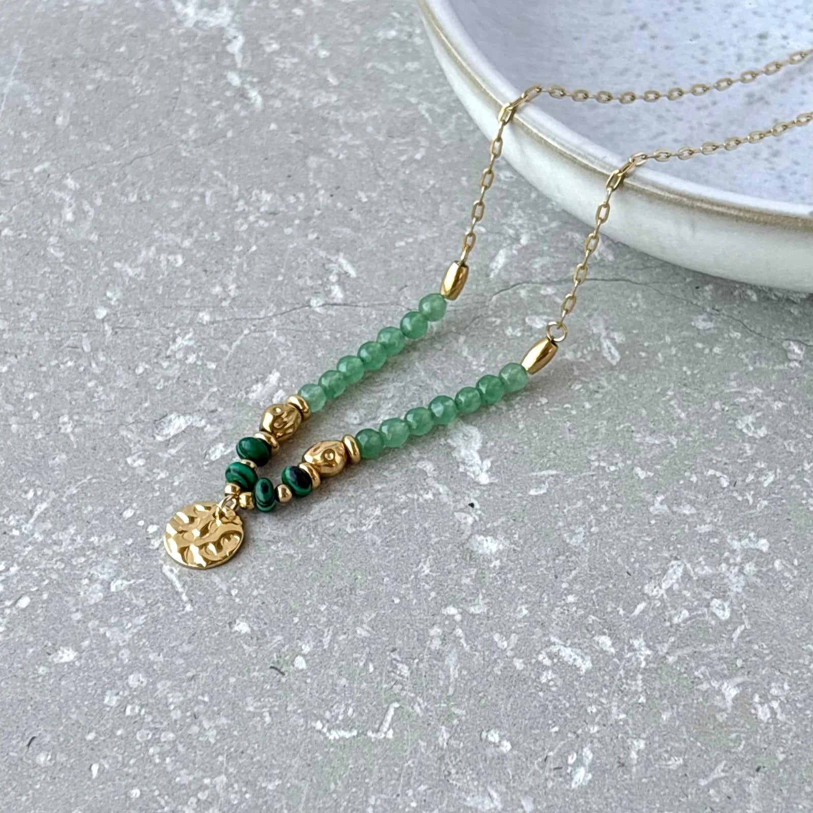 Green Beaded Necklace With Gold Disc - NCK016 - Uneeka