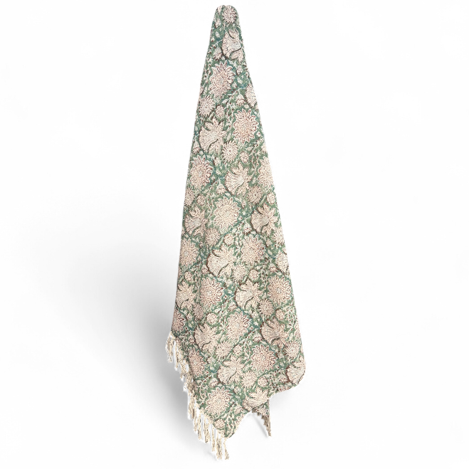 Green Block Printed Detailed Floral Throw - 1453 - Uneeka