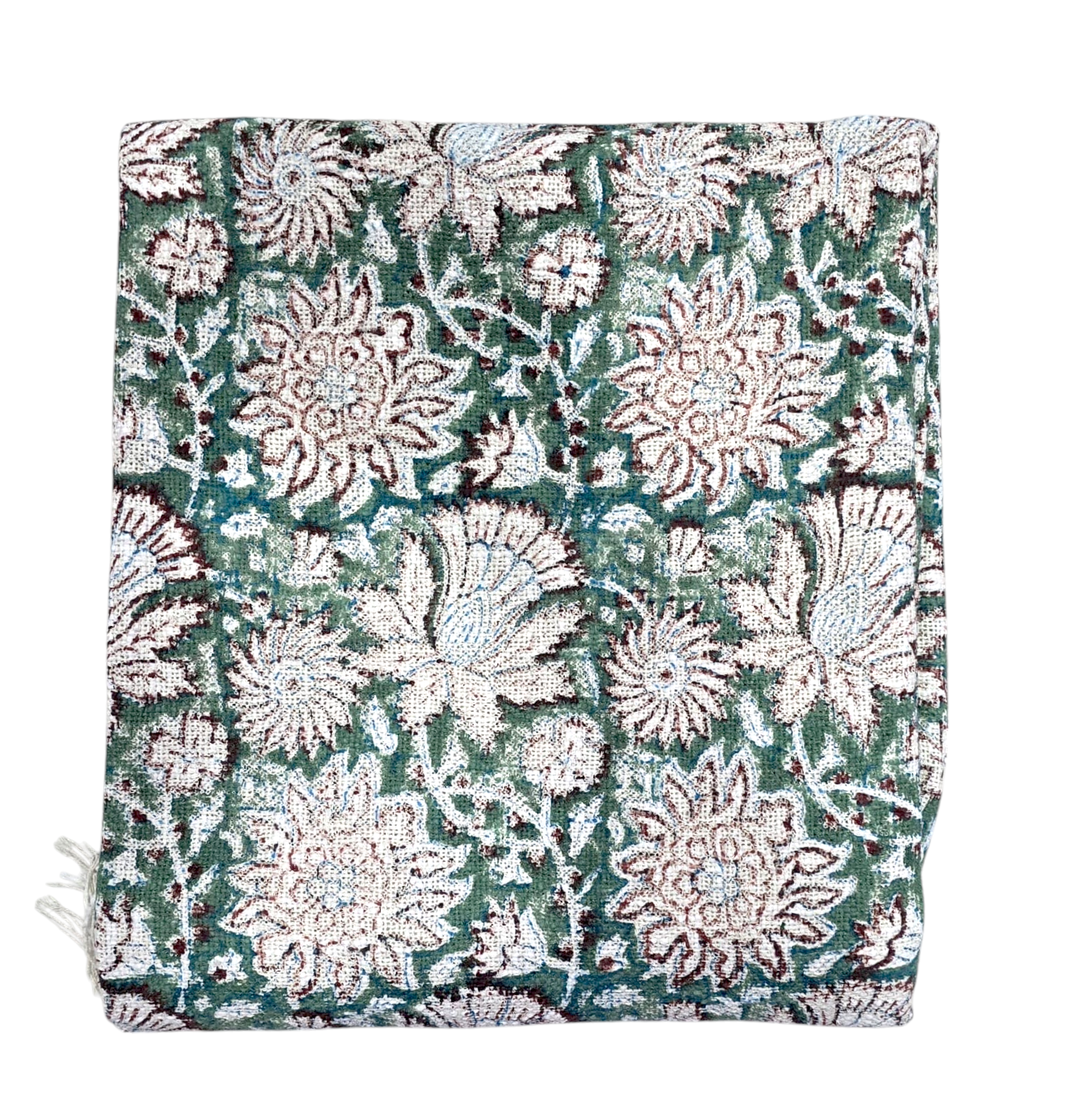 Green Block Printed Detailed Floral Throw - 1453 - Uneeka