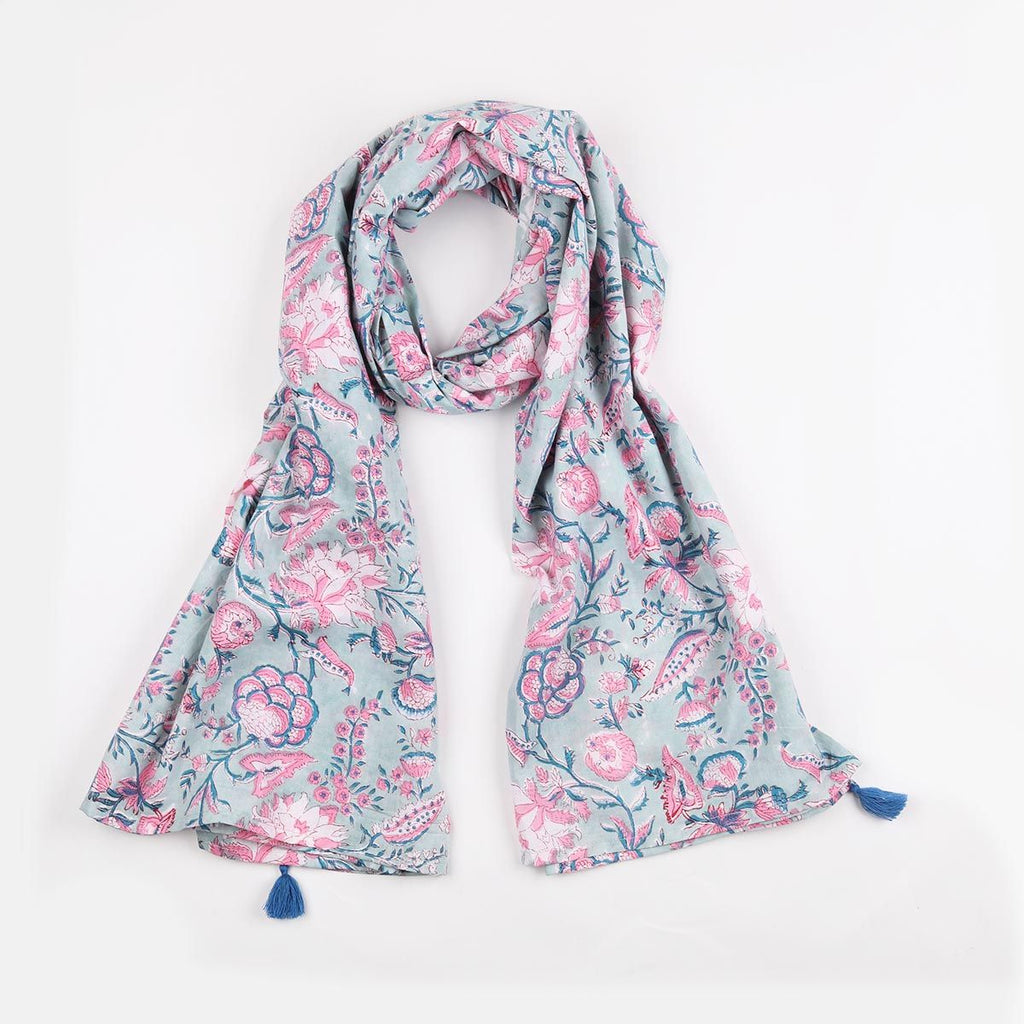 Green & Pink Floral Scarf With Blue Tassels