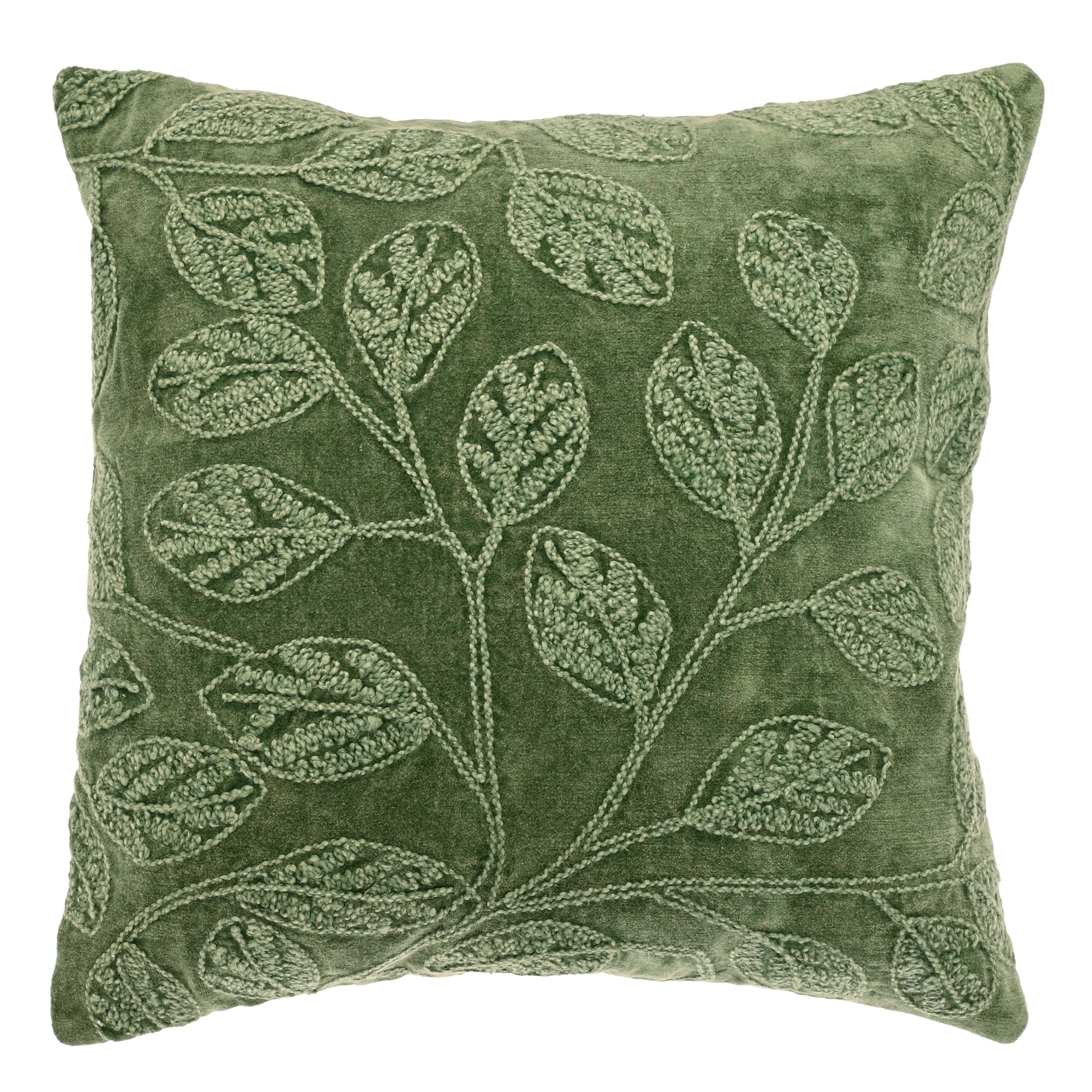 Green Velvet Embroidered Leaf Cushion - Uneeka