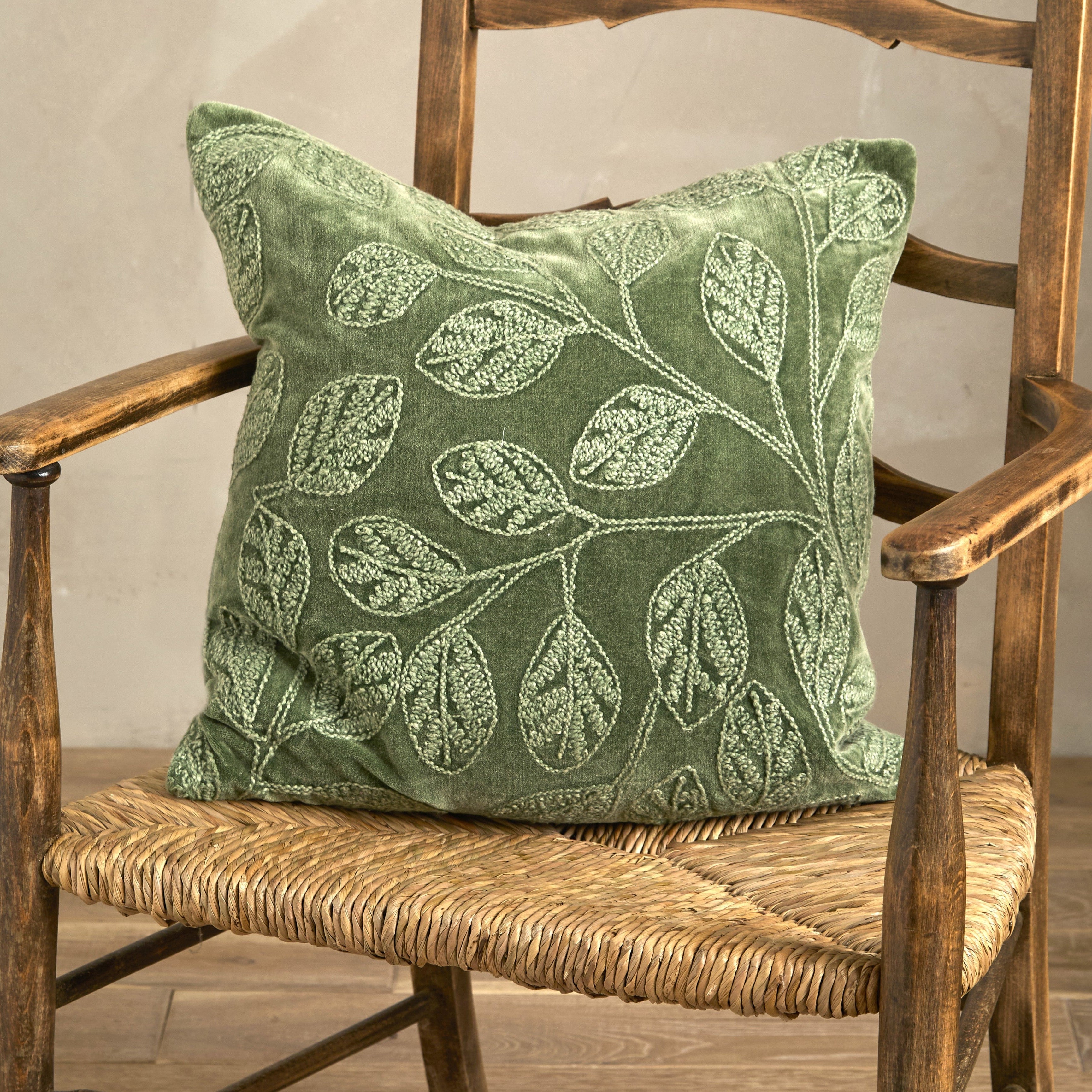 Green Velvet Embroidered Leaf Cushion - Uneeka