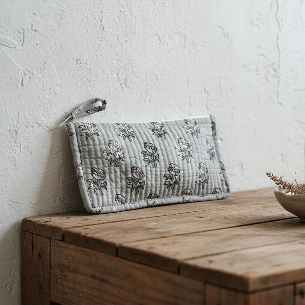 Grey Floral Cotton Pouch - Uneeka