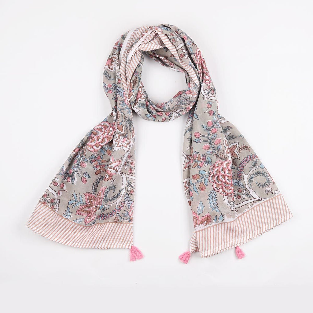 Grey Floral Scarf With Pink Tassels