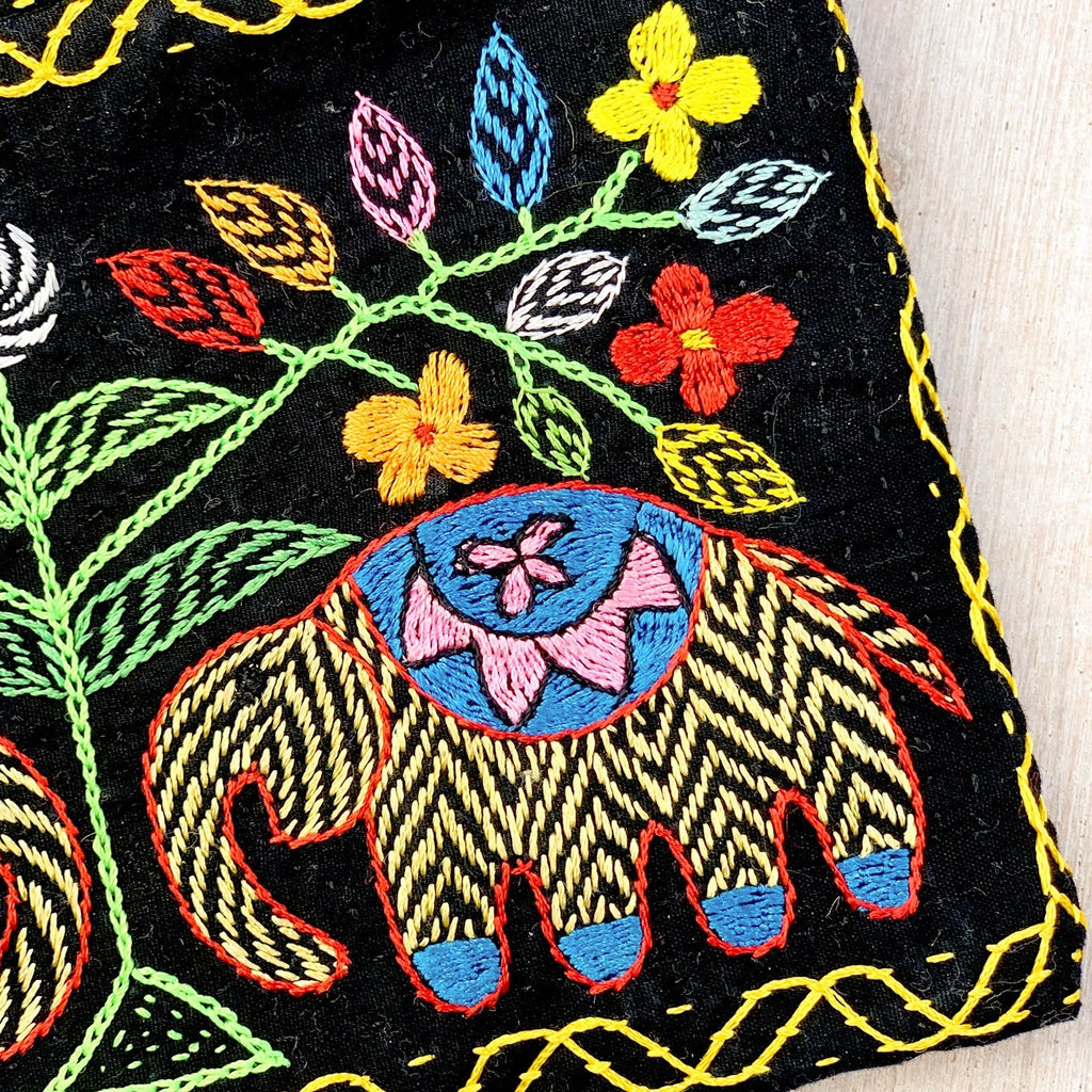Hand Embroidered Elephant Black Coin Pouch close up