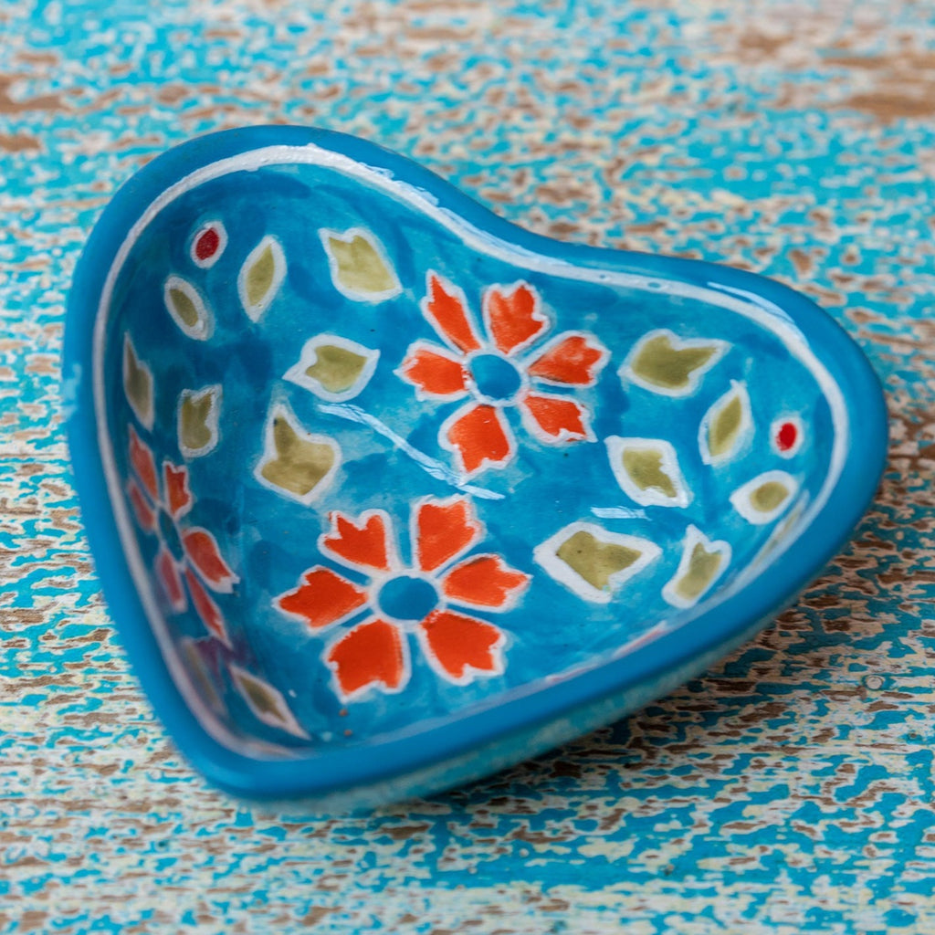 Hand Painted Ceramic Heart Shaped Trinket Dish Blue Ceramic