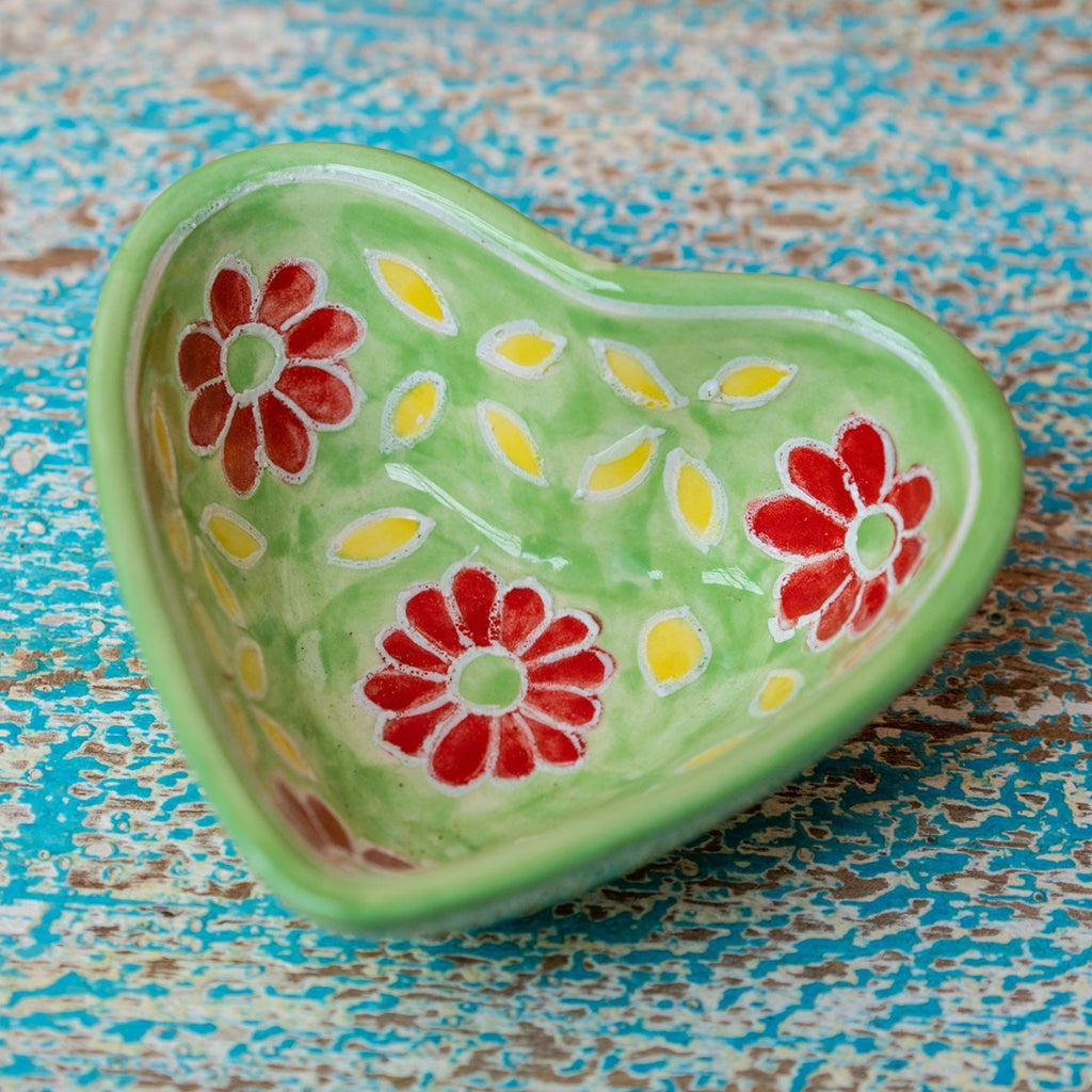 Hand Painted Ceramic Heart Shaped Trinket Dish Green Ceramic