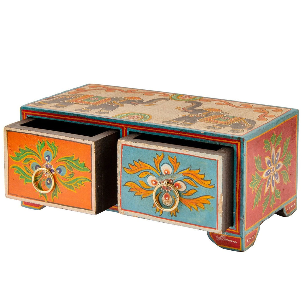 Hand Painted Elephant 2 Drawer Chest orange & turquoise tilted, drawers open