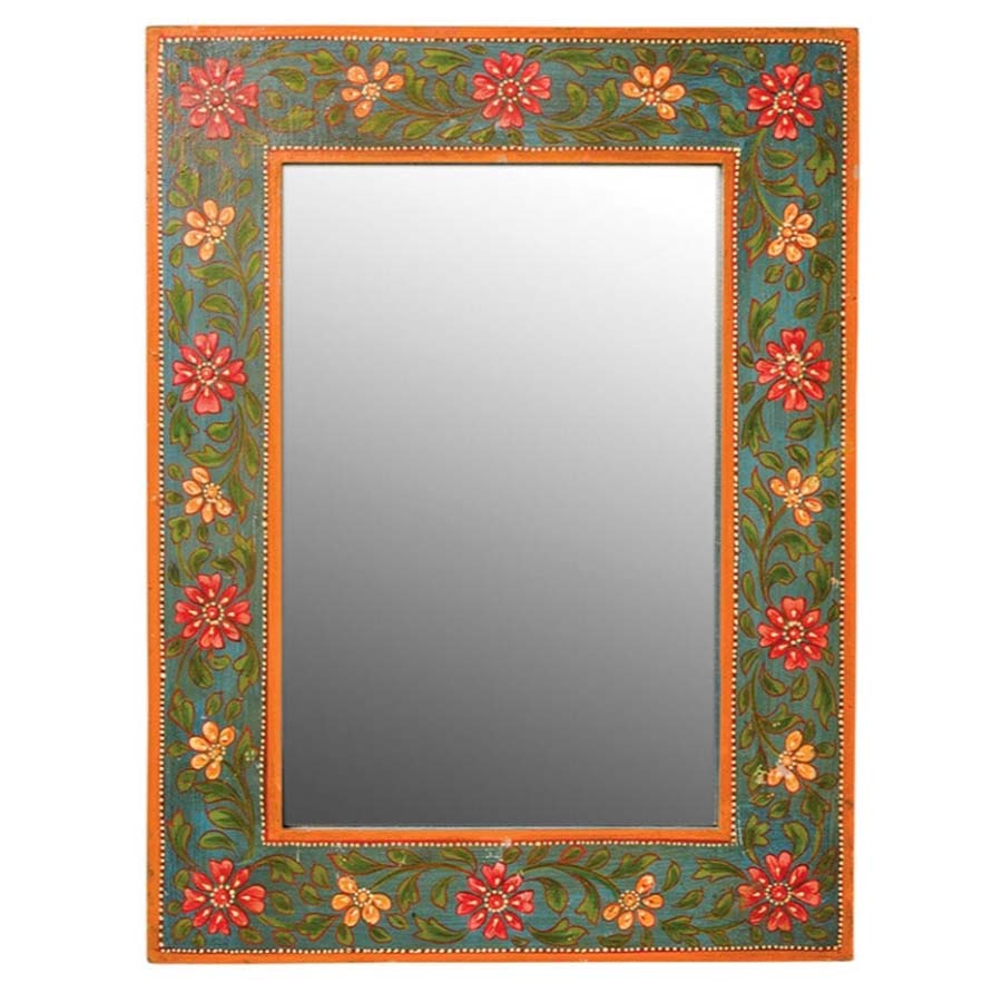 Hand Painted Green Floral Wooden Wall Mirror